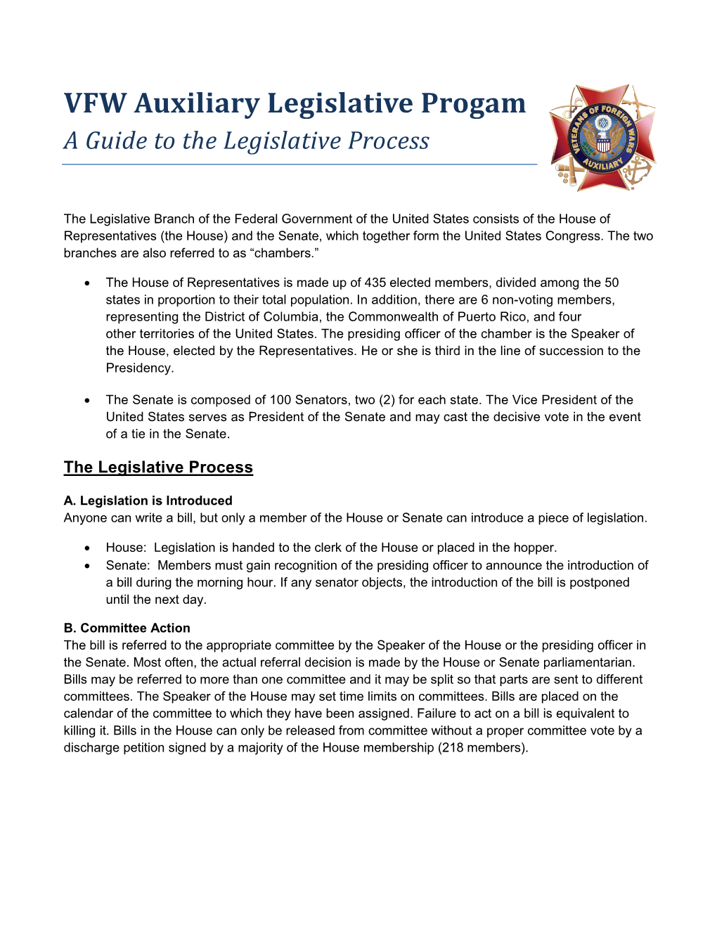 VFW Auxiliary Guide to the Legislative Process