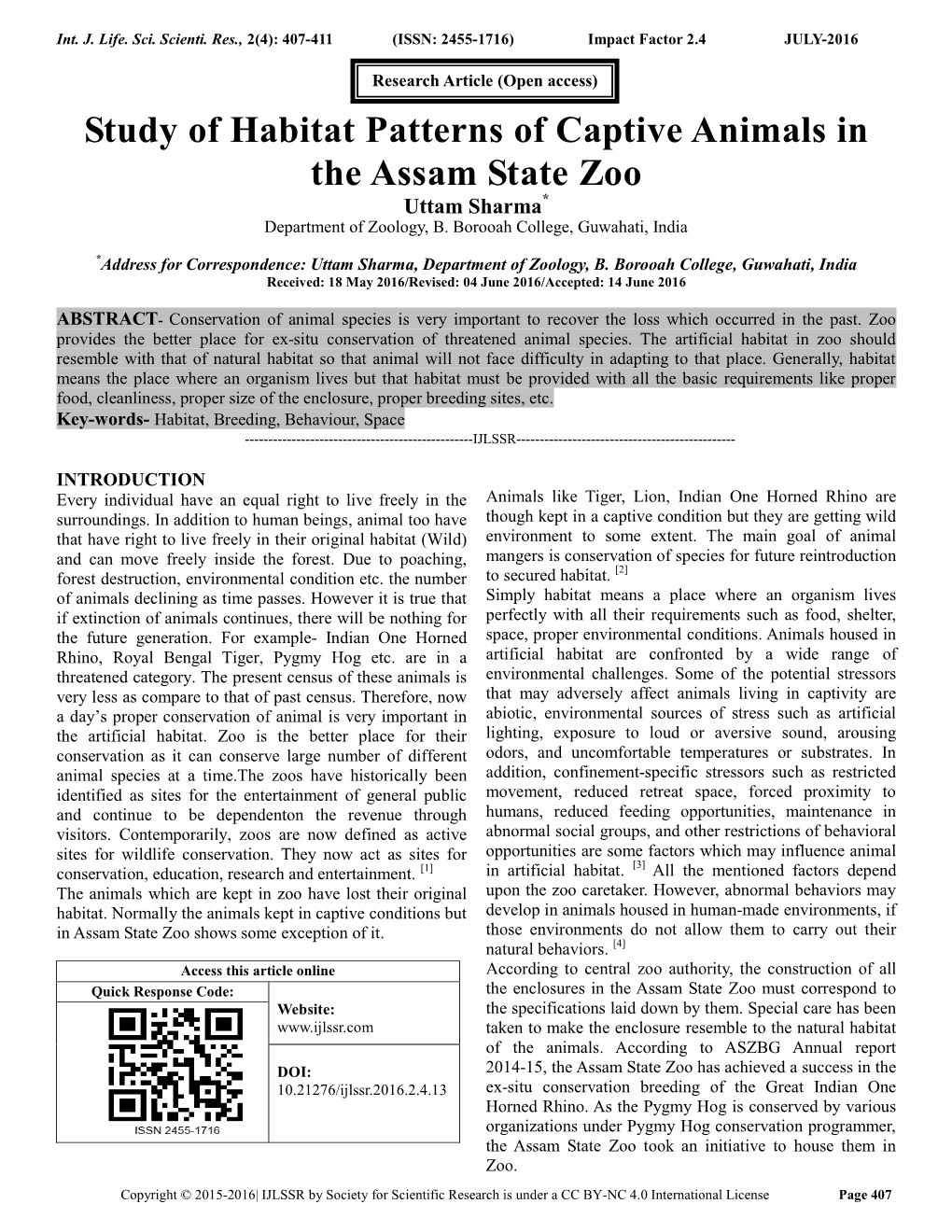 Study of Habitat Patterns of Captive Animals in the Assam State Zoo Uttam Sharma* Department of Zoology, B