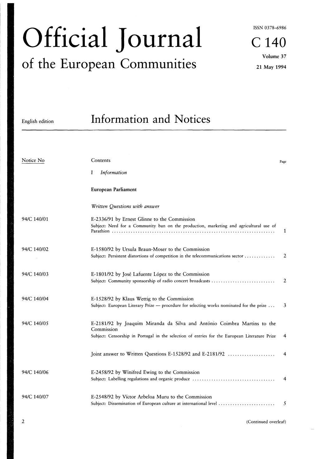 Official Journal C 140 Volume 37 of the European Communities 21 May 1994