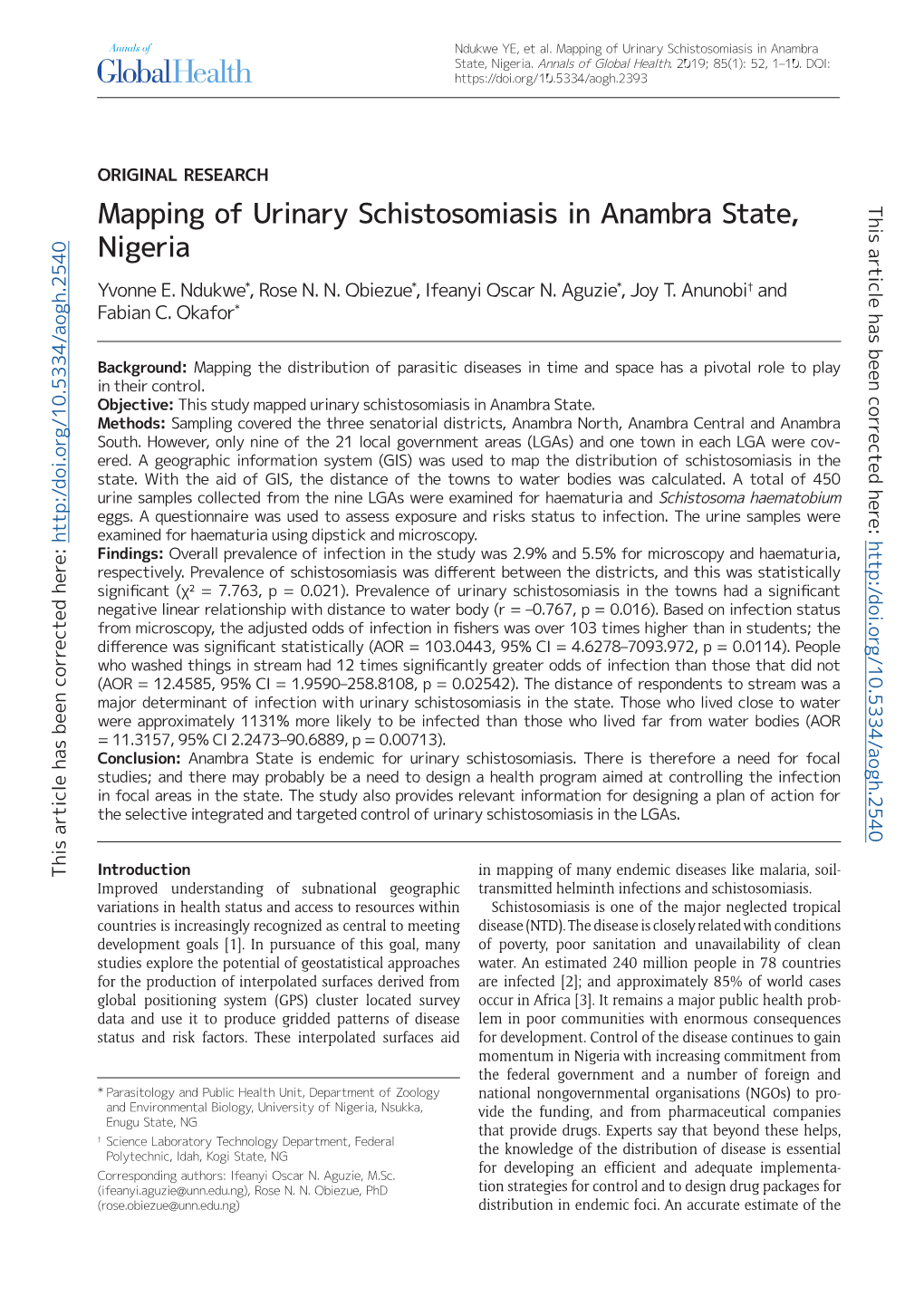 Mapping of Urinary Schistosomiasis in Anambra State, Nigeria