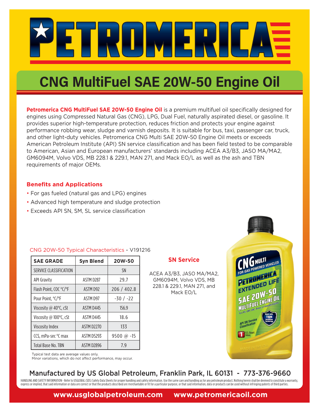 Petromerica CNG Multifuel 20W-50 SN Data Sheet 12-16-19