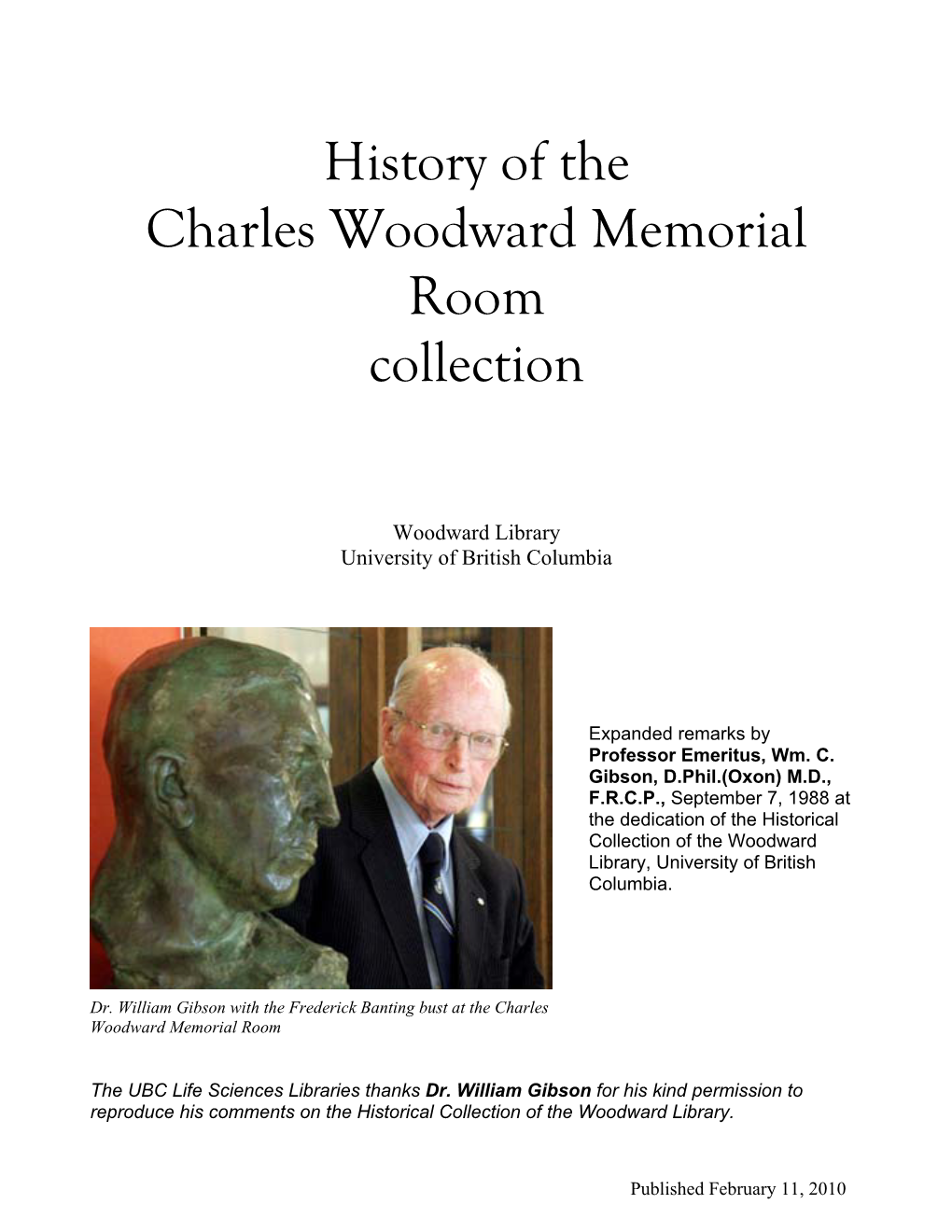 History of the Charles Woodward Memorial Room Collection