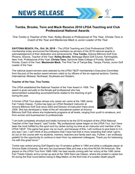 Tombs, Brooke, Teno and Mack Receive 2018 LPGA Teaching and Club Professional National Awards