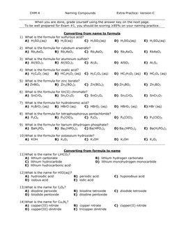 CHM 4 Naming Compounds Extra Practice: Version C When You Are