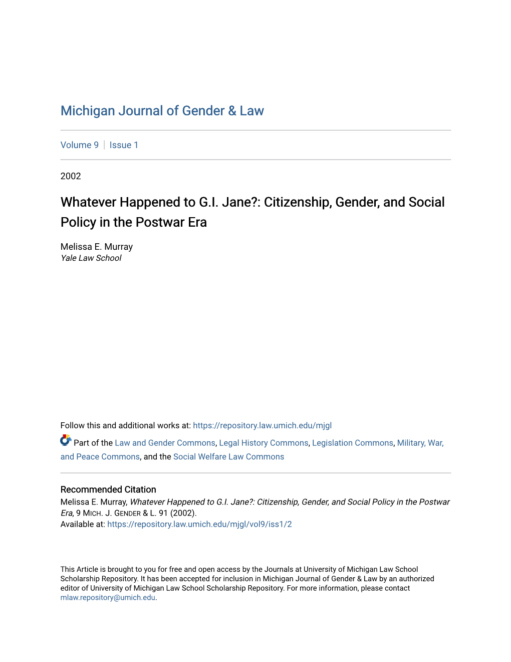 Whatever Happened to G.I. Jane?: Citizenship, Gender, and Social Policy in the Postwar Era