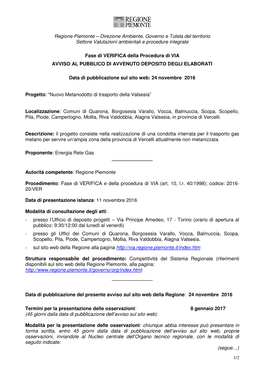 Direzione Ambiente, Governo E Tutela Del Territorio Settore Valutazioni Ambientali E Procedure Integrate