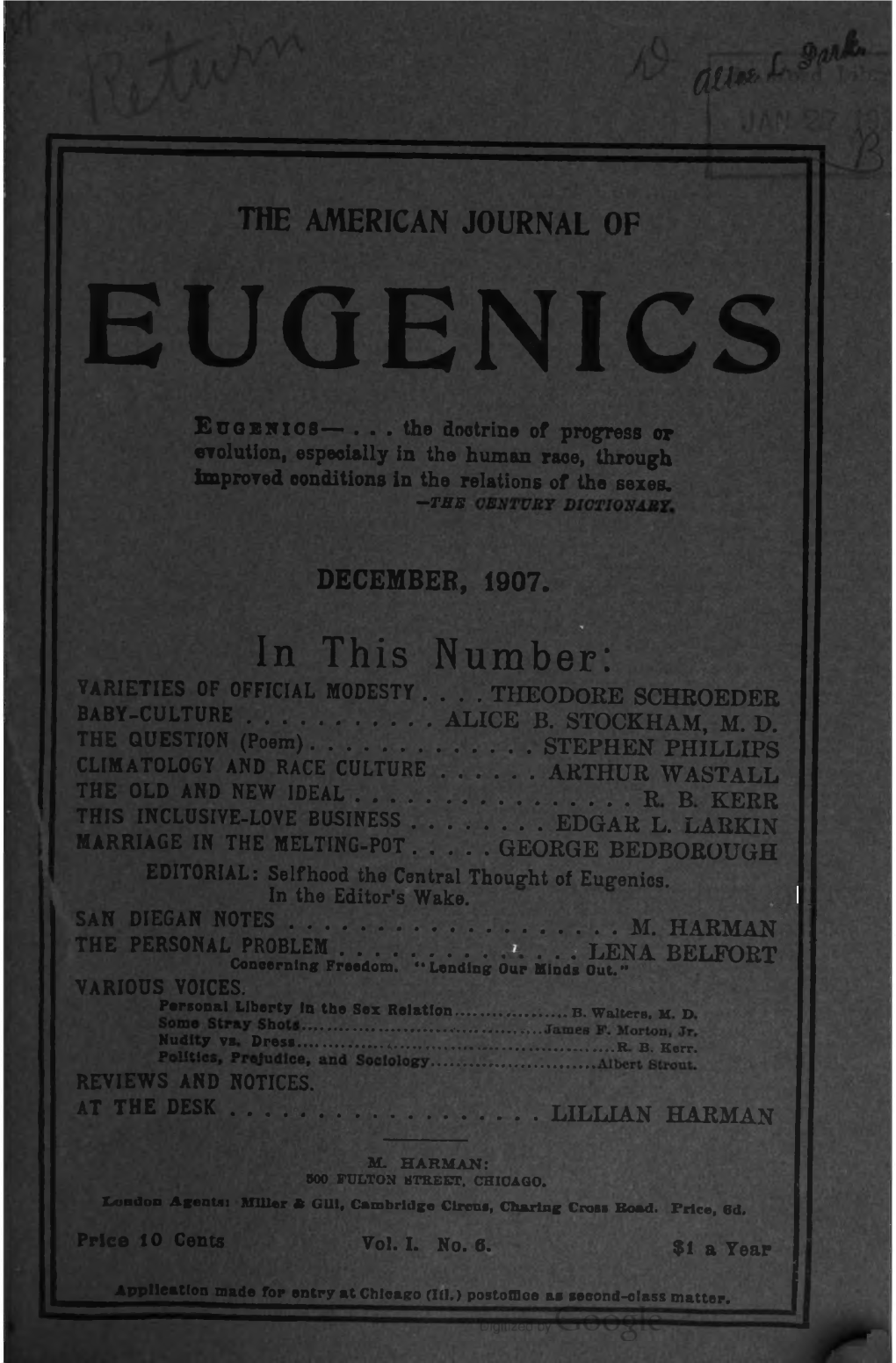 American Journal of Eugenics V1 N6 Dec 1907