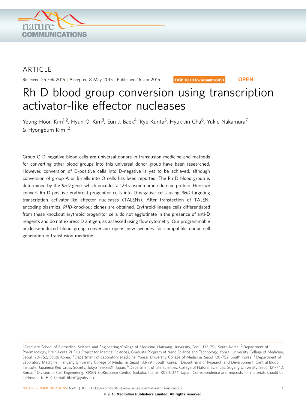 Rh D Blood Group Conversion Using Transcription Activator-Like Effector Nucleases