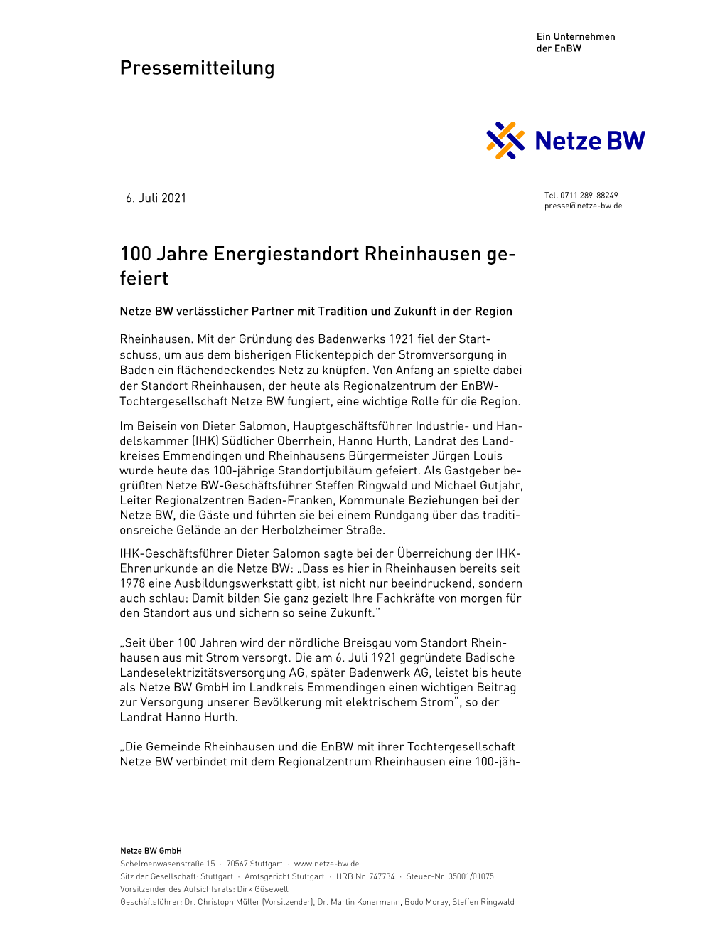 Pressemitteilung 100 Jahre Energiestandort Rheinhausen Ge
