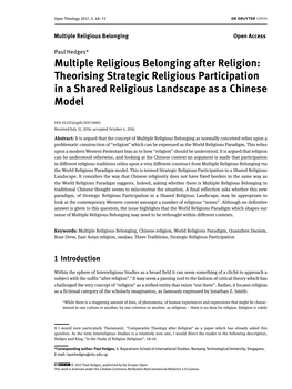 Multiple Religious Belonging After Religion: Theorising Strategic Religious Participation in a Shared Religious Landscape As a Chinese Model
