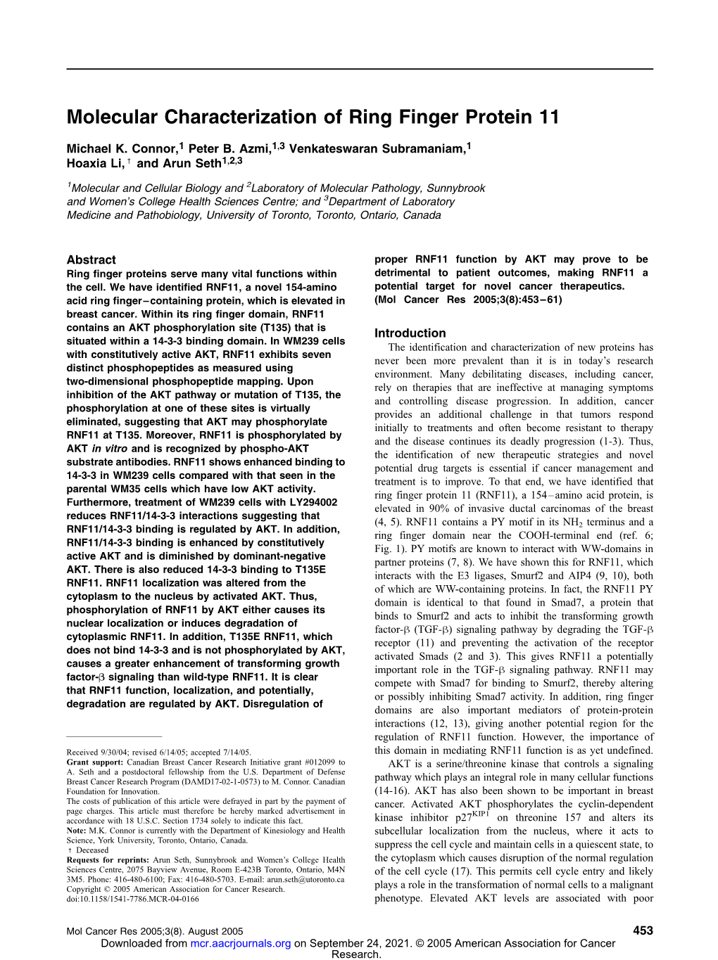 Molecular Characterization of Ring Finger Protein 11