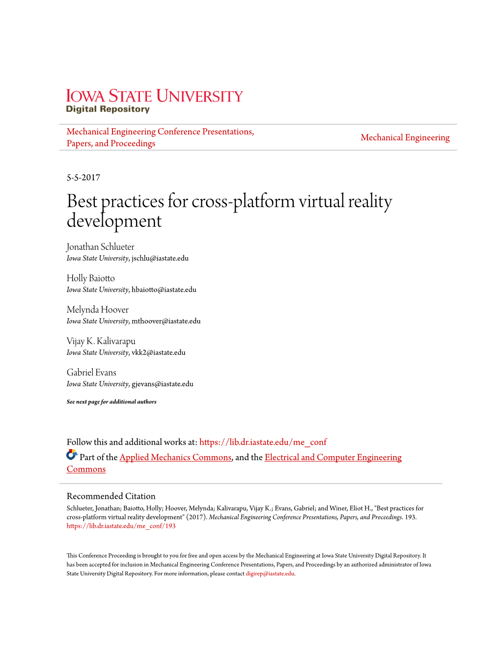 Best Practices for Cross-Platform Virtual Reality Development Jonathan Schlueter Iowa State University, Jschlu@Iastate.Edu