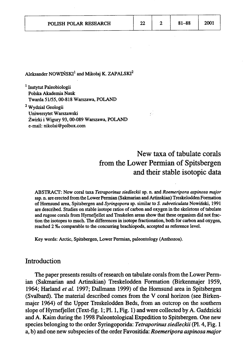 New Taxa of Tabulate Corals from the Lower Permian of Spitsbergen and Their Stable Isotopic Data