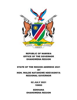 Republic of Namibia Office of the Governor Ohangwena Region