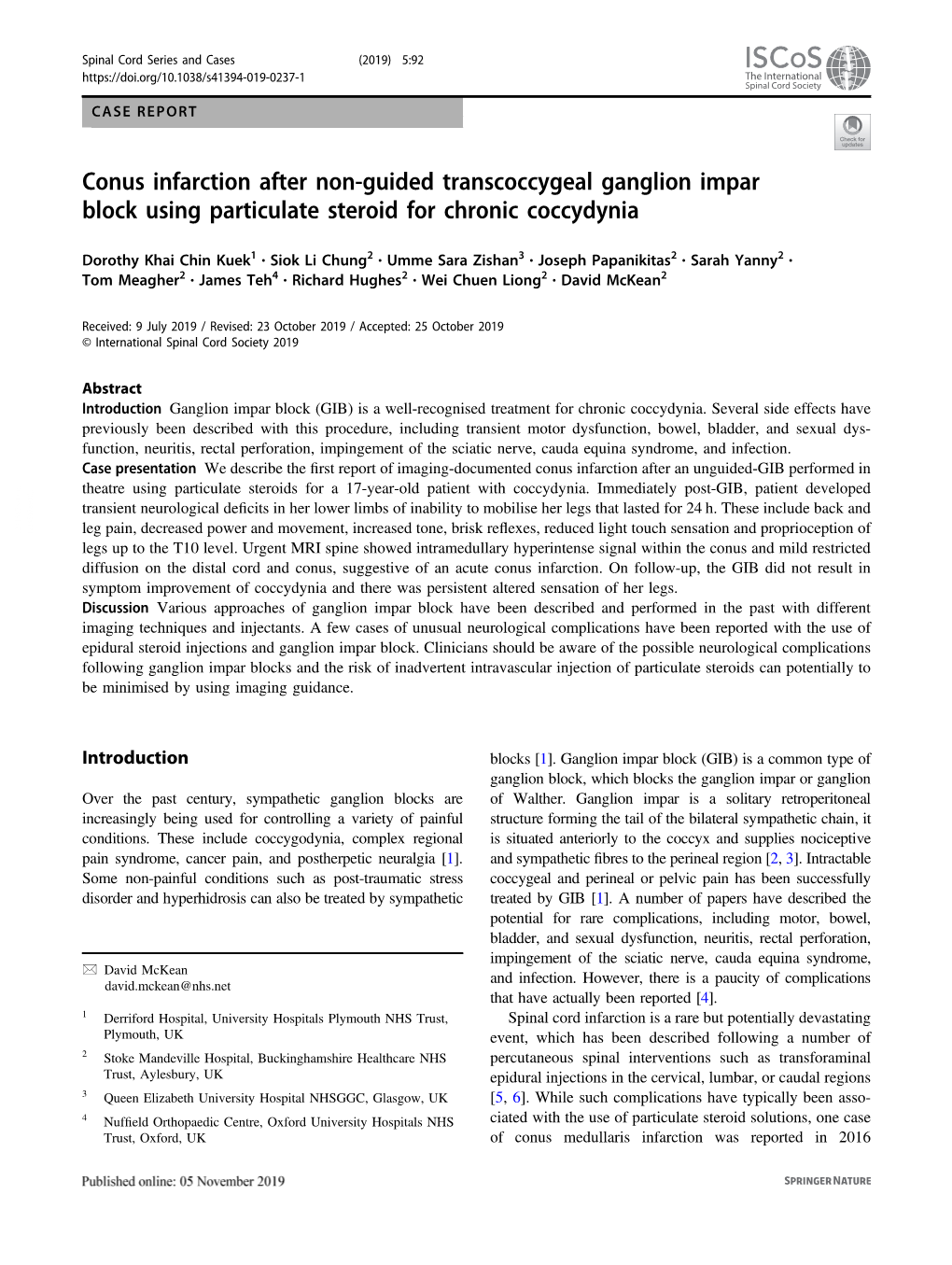 Conus Infarction After Non-Guided Transcoccygeal Ganglion Impar Block Using Particulate Steroid for Chronic Coccydynia