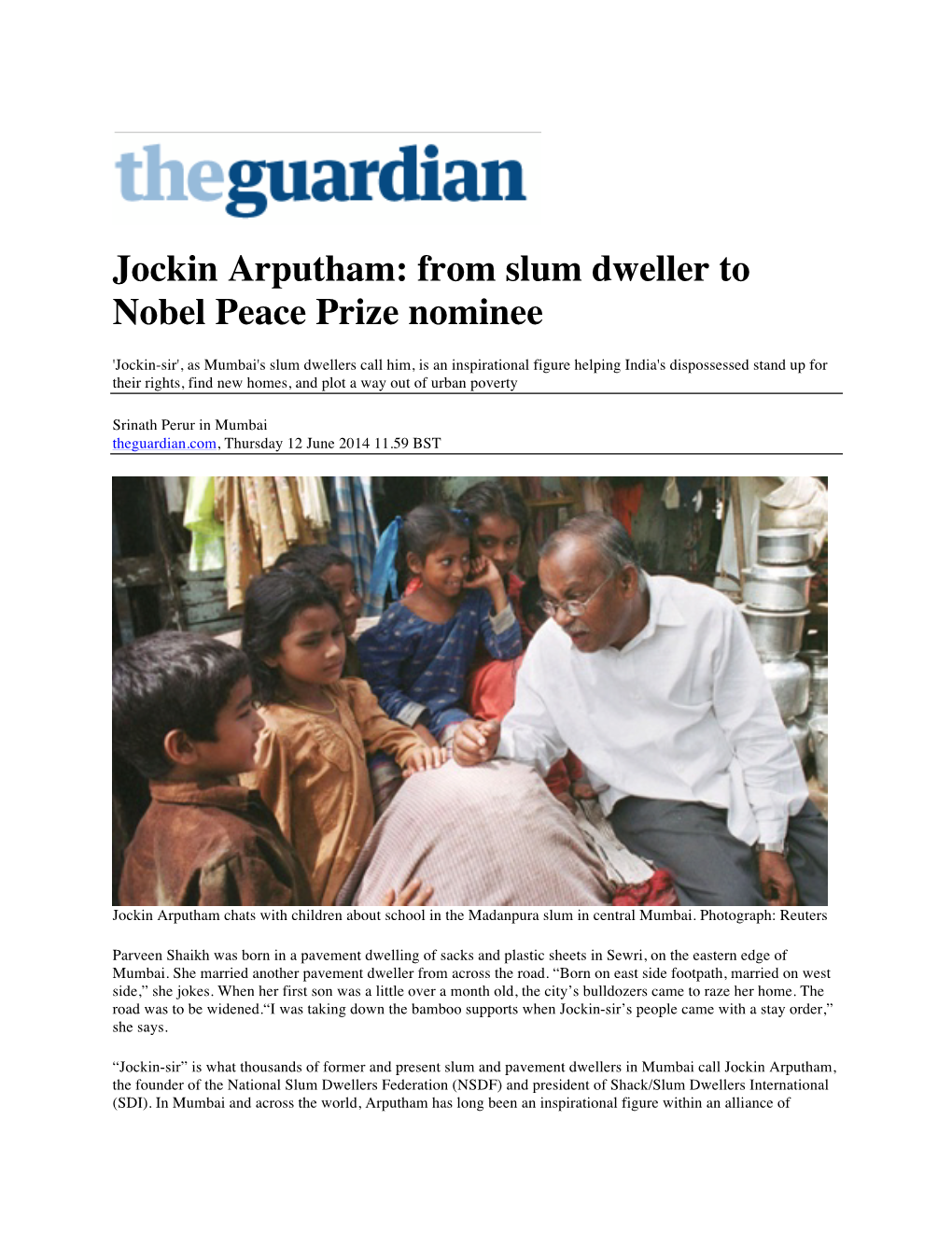 Jockin Arputham: from Slum Dweller to Nobel Peace Prize Nominee