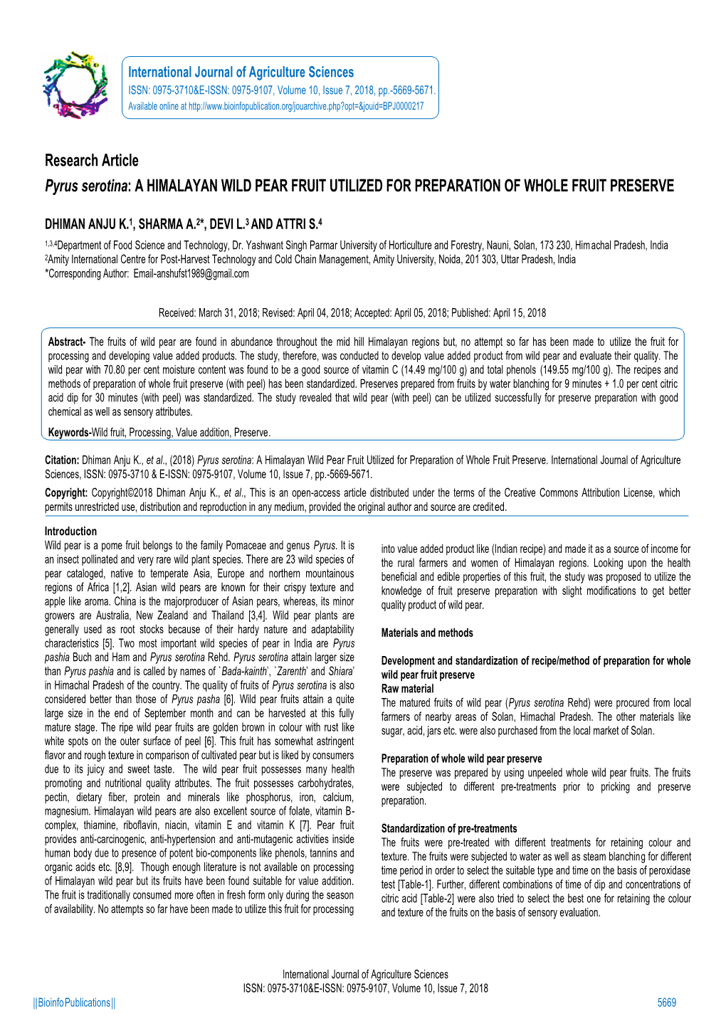 Research Article Pyrus Serotina: a HIMALAYAN WILD PEAR FRUIT UTILIZED for PREPARATION of WHOLE FRUIT PRESERVE