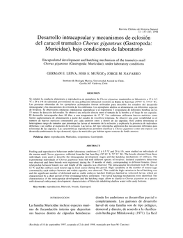 Desarrollo Intracapsular Y Mecanismos De Eclosión Del Caracol Trumulco Chorus Giganteus (Gastropoda: Muricidae ), Bajo Condiciones De Laboratorio