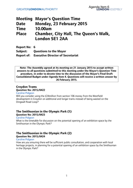 Meeting Mayor's Question Time Date Monday, 23 February 2015 Time
