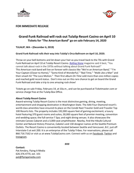 Tulalip Resort Casino Announces Grand Funk Railroad on April 10