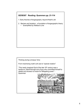1 GE/BI307 Reading: Quammen Pp. 21-114
