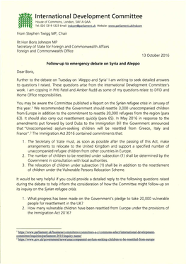 Letter 13 October 2016 to Rt Hon Boris Johnson, Foreign Secretary