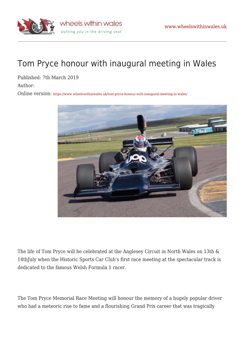 Tom Pryce Honour with Inaugural Meeting in Wales