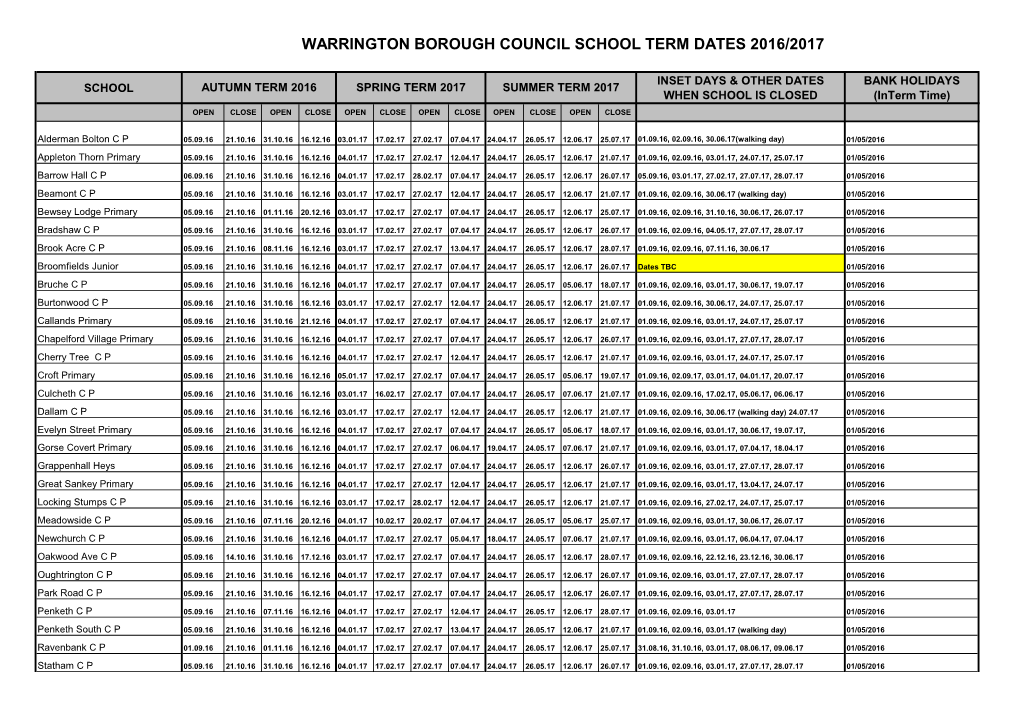Warrington Borough Council School Term Dates 2016/2017