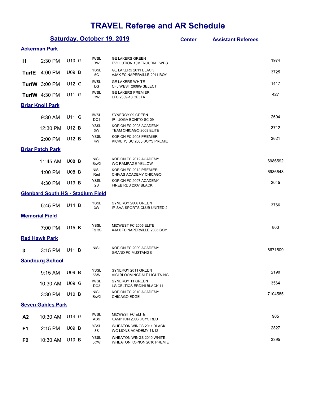 TRAVEL Referee and AR Schedule