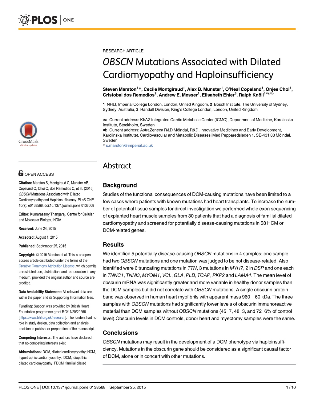 OBSCN Mutations Associated with Dilated Cardiomyopathy and Haploinsufficiency