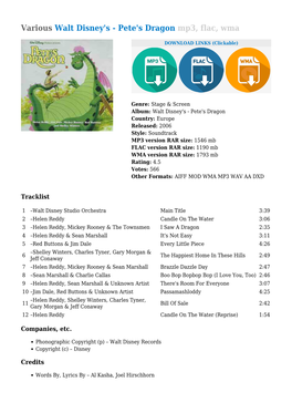 Various Walt Disney's - Pete's Dragon Mp3, Flac, Wma