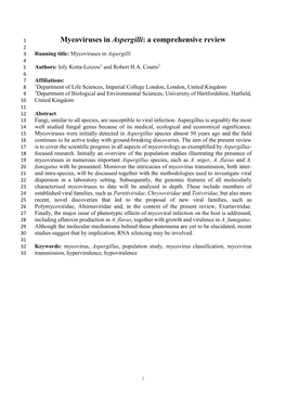 Mycoviruses in Aspergilli: a Comprehensive Review 2 3 Running Title: Mycoviruses in Aspergilli 4 5 Authors: Ioly Kotta-Loizou1 and Robert H.A