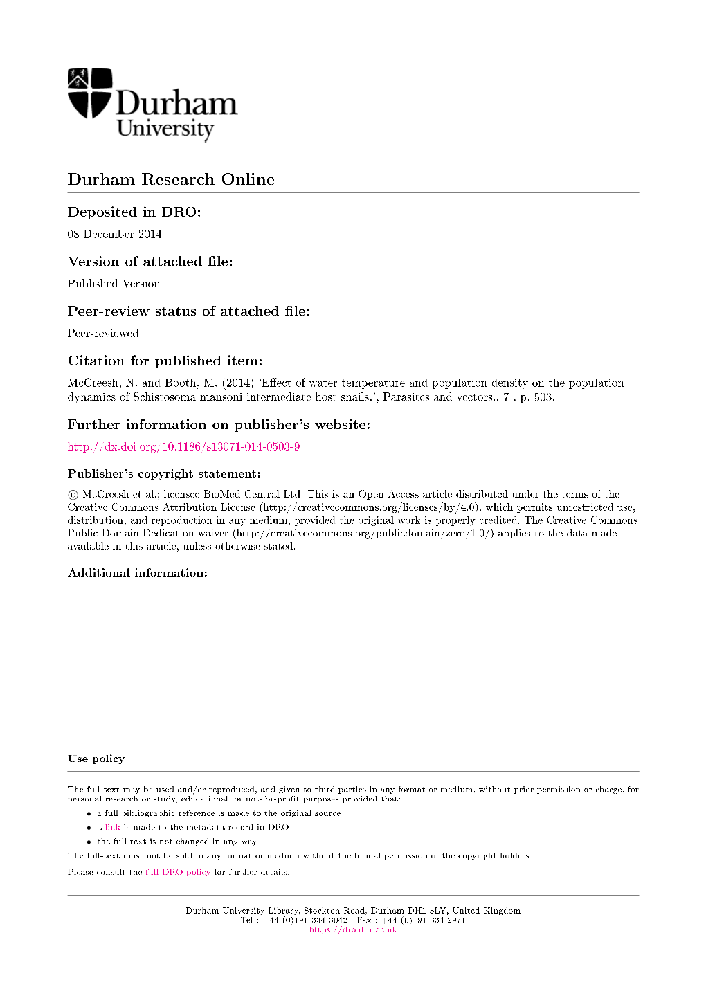 Schistosoma Mansoni Intermediate Host Snails.', Parasites and Vectors., 7