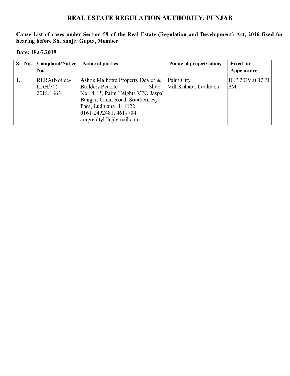 Real Estate Regulation Authority, Punjab