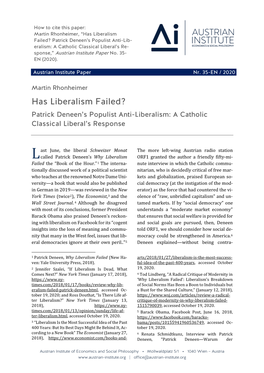 Has Liberalism Failed? Patrick Deneen’S Populist Anti-Lib- Eralism: a Catholic Classical Liberal’S Re- Sponse,” Austrian Institute Paper No