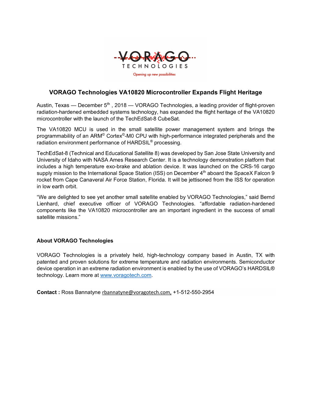 VORAGO Technologies VA10820 Microcontroller Expands Flight Heritage
