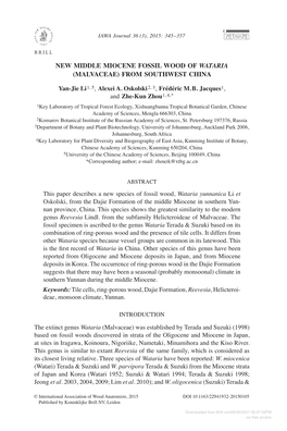 New Middle Miocene Fossil Wood of Wataria (Malvaceae) from Southwest China