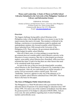 Money and Leadership: a Study of Theses on Public School Libraries Submitted to the University of the Philippines’ Institute of Library and Information Science