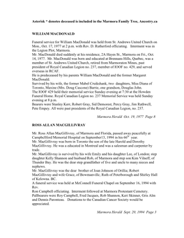 Asterisk * Denotes Deceased Is Included in the Marmora Family Tree, Ancestry.Ca