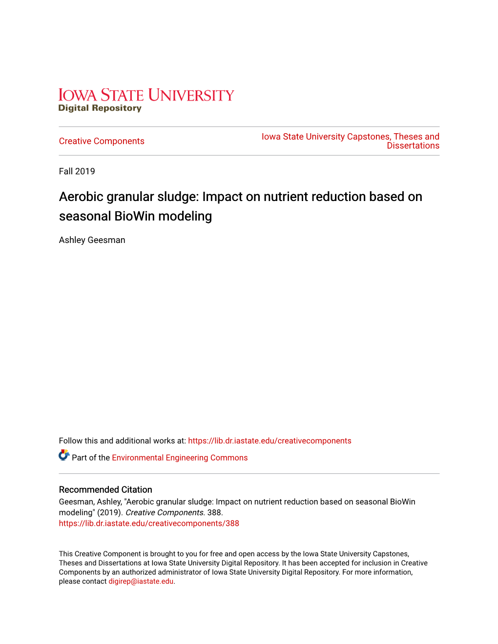 Aerobic Granular Sludge: Impact on Nutrient Reduction Based on Seasonal Biowin Modeling