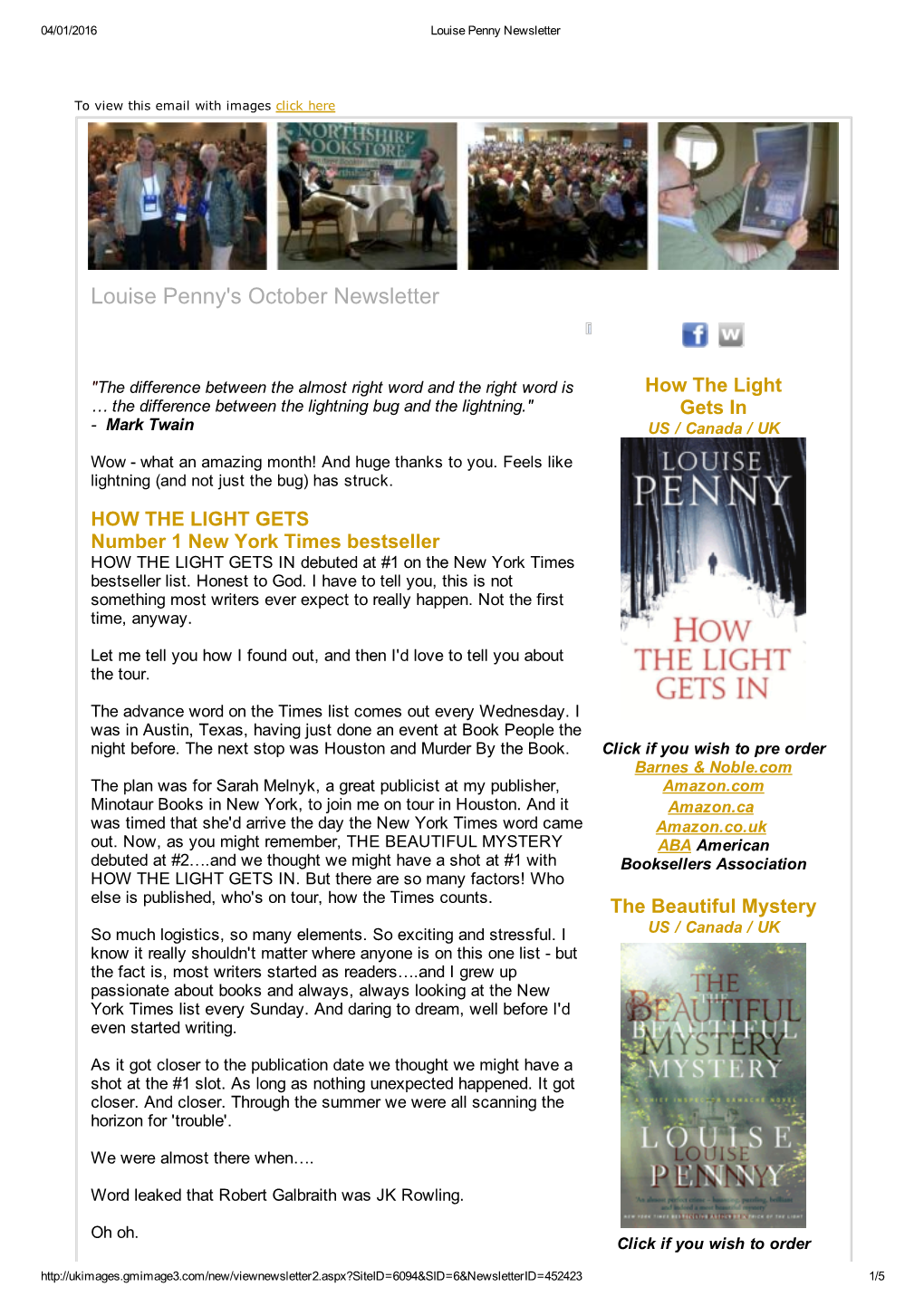 Louise Penny's October Newsletter