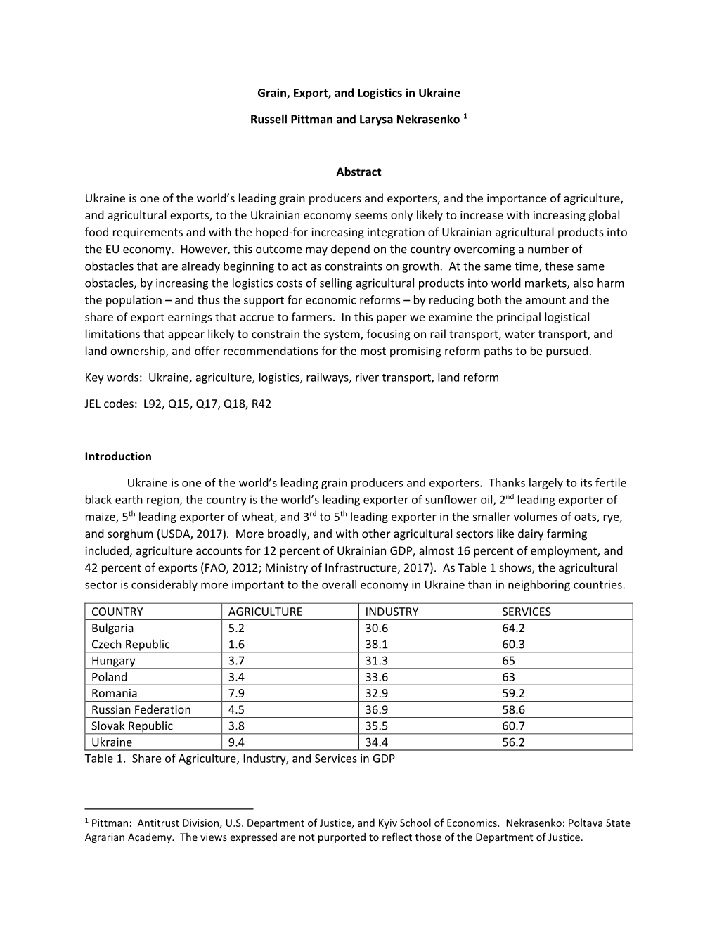 Grain, Export, and Logistics in Ukraine Russell Pittman and Larysa Nekrasenko 1 Abstract Ukraine Is One of the World's Leading