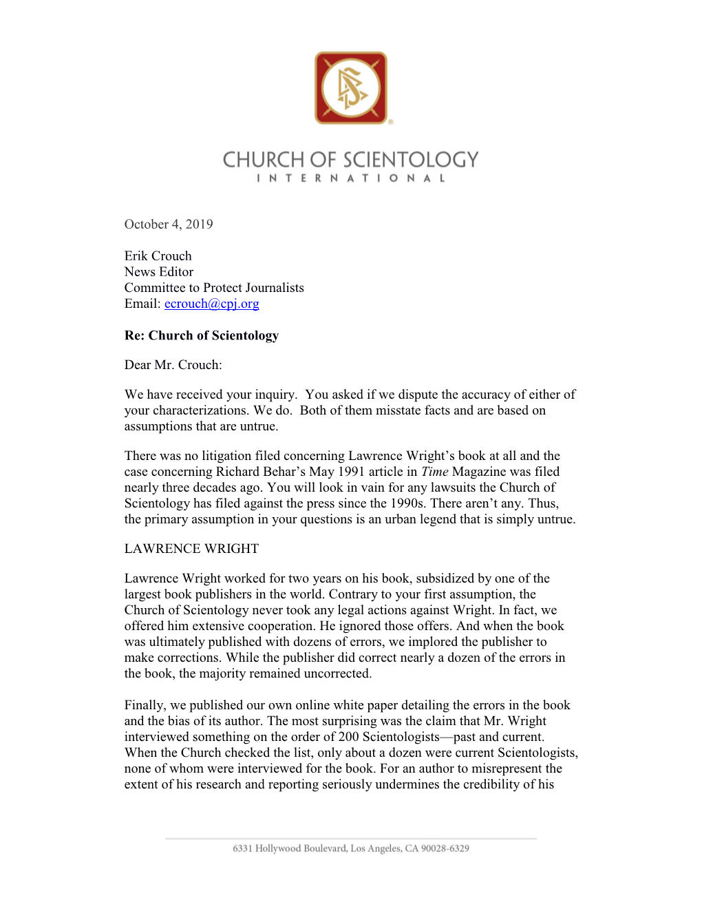 Ecrouch@Cpj.Org Re: Church of Scientology Dear