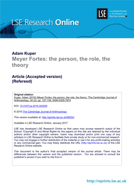 Adam Kuper Meyer Fortes: the Person, the Role, the Theory