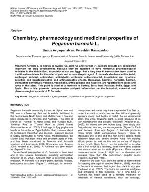 Chemistry, Pharmacology and Medicinal Properties of Peganum Harmala L