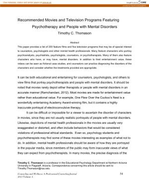 Recommended Movies and Television Programs Featuring Psychotherapy and People with Mental Disorders Timothy C