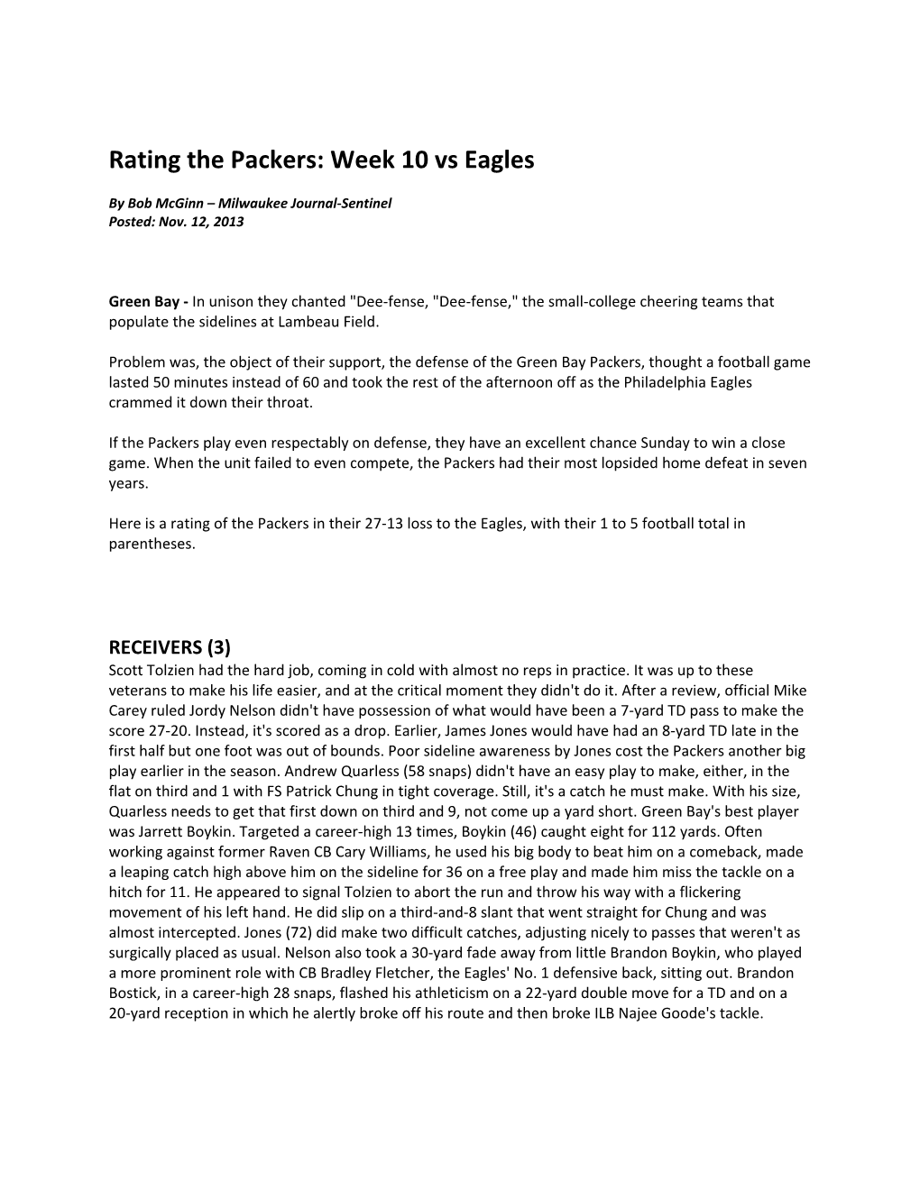 Rating the Packers: Week 10 Vs Eagles