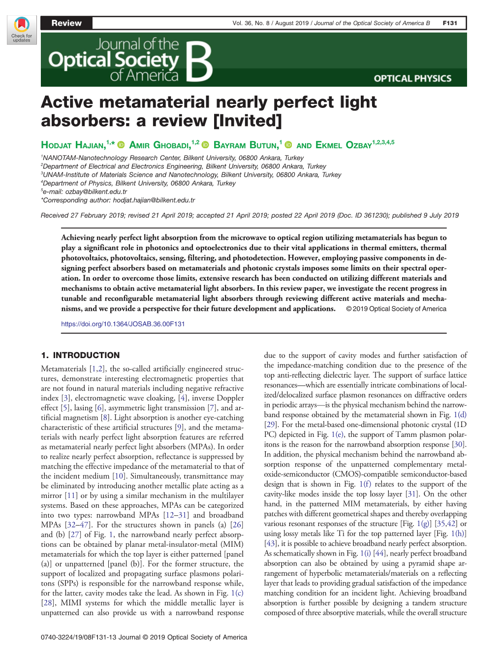 Active Metamaterial Nearly Perfect Light Absorbers: a Review [Invited]