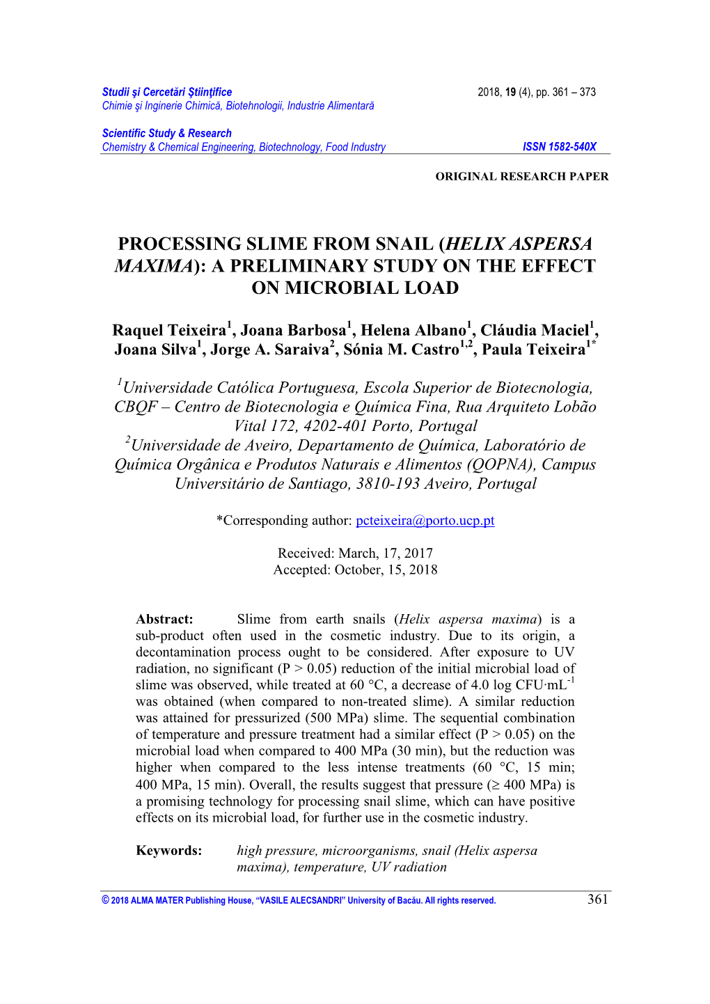 Processing Slime from Snail (Helix Aspersa Maxima): a Preliminary Study on the Effect on Microbial Load