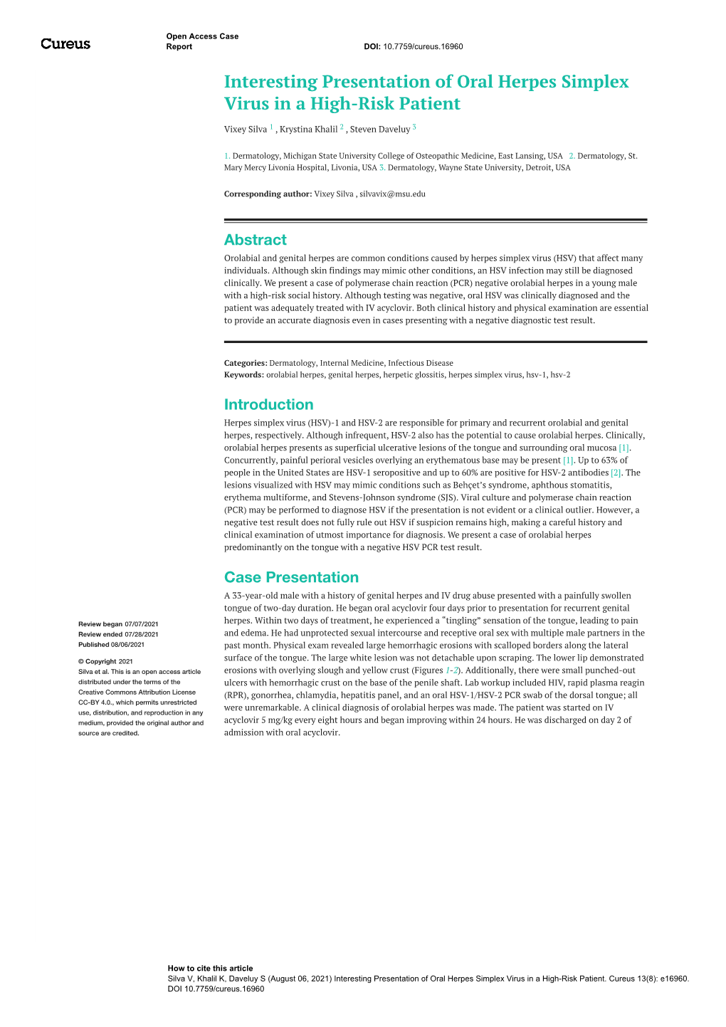 Interesting Presentation of Oral Herpes Simplex Virus in a High-Risk Patient